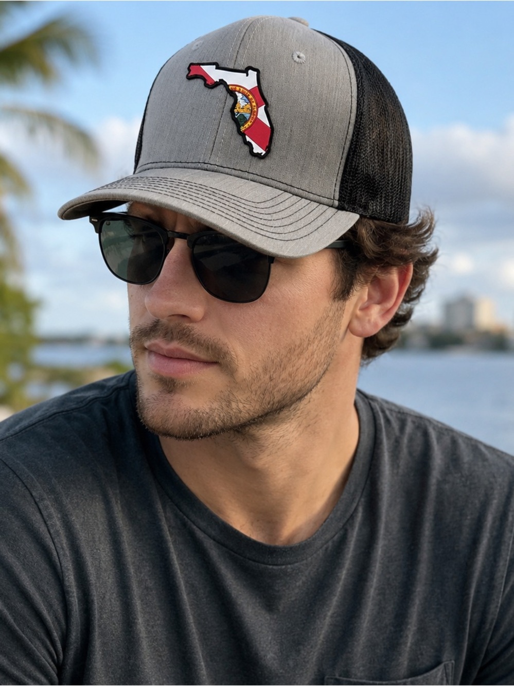 Florida State Flag Trucker Hat Gray & Black Snapback Baseball Cap